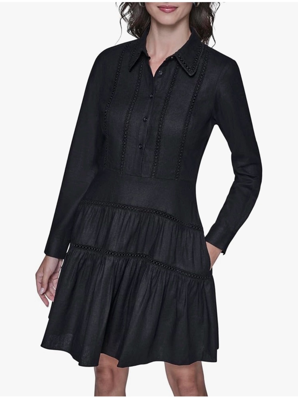 Karl Lagerfeld Tiered Linen Blend Black Dress. Size 10. MSRP $199